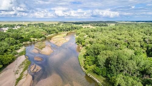 Aerial of shallow and braided Platte River near Brady, Nebraska