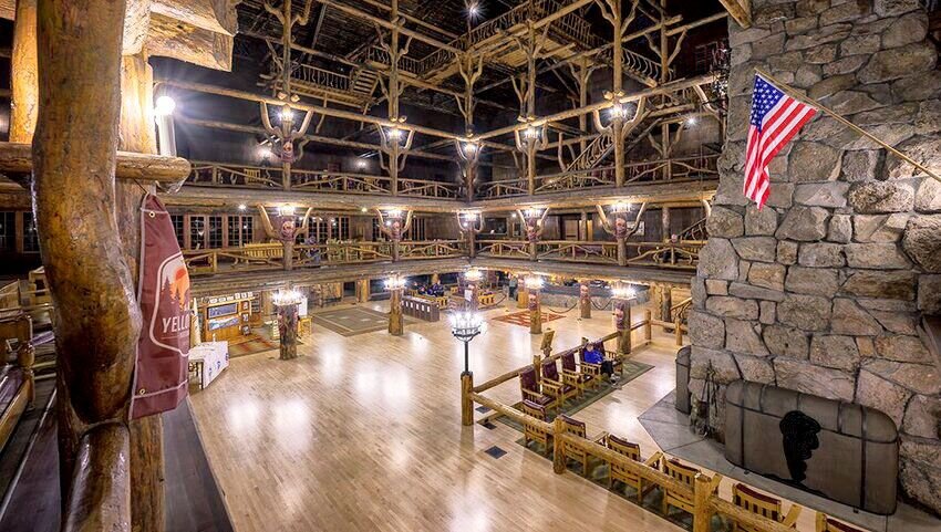 Interior of the historic Old Faithful Inn in Yellowstone National Park, Wyoming.