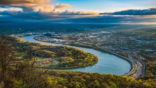 Aerial of downtown Chattanooga, Tennessee and Tennessee River.