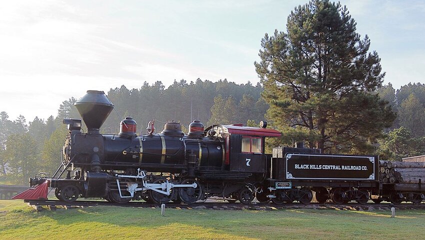 The 1880 steam train passing in front of a tree. 