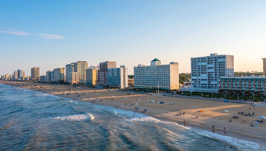 Aerial of the skyline of the Virginia Beach Oceanfront looking South