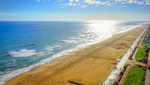 Aerial of Virginia Beach and boardwalk.