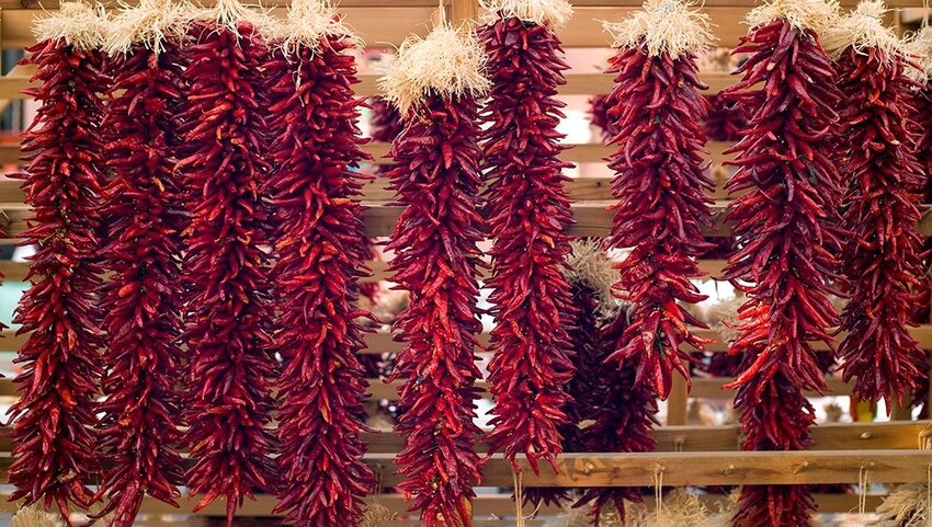 Chili peppers hanging at Santa Fe marketplace.