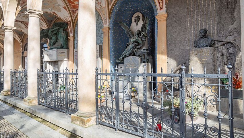 Vysehrad cemetery, necropolis. Arcade with the graves of Czech composer Antonin Dvořák and others. pe