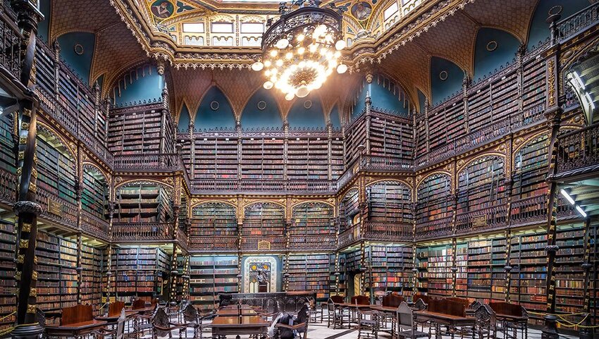 Royal Portuguese Cabinet of Reading interior with hanging chandelier. 