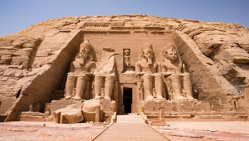 Statues in front of Abu Simbel temple in Aswan, Egypt.