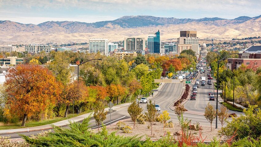 Boise, Idaho street leading to the capital building in fall