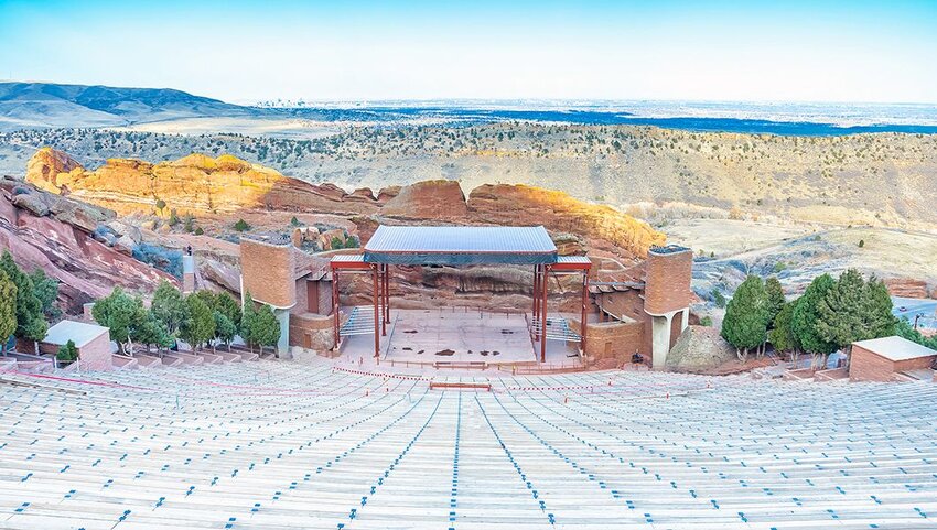 View of stage at Red Rocks Amphitheater from seating.