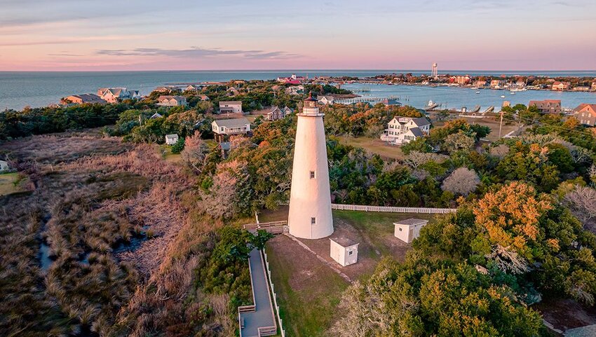 Ocracoke Lighthouse on Ocracoke , North Carolina at sunset.