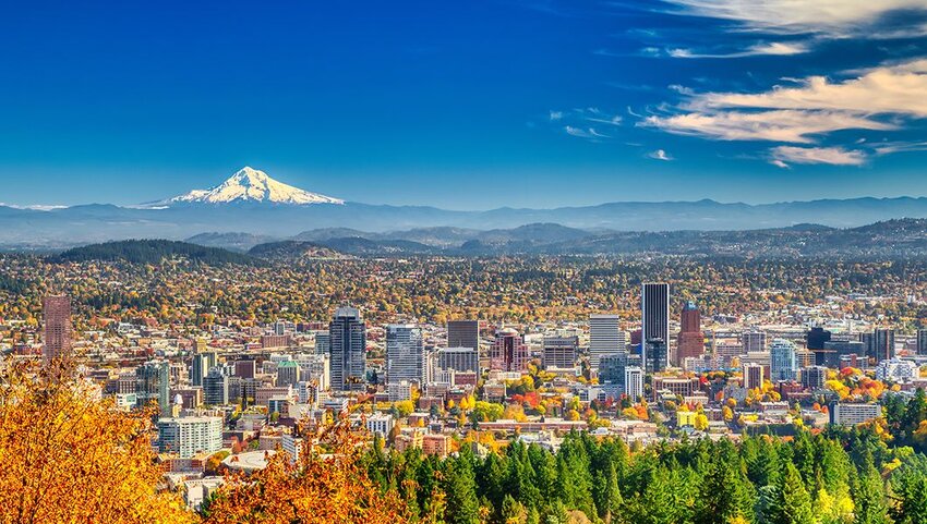 Aerial view of Portland, Oregon with Mount Hood in distance.