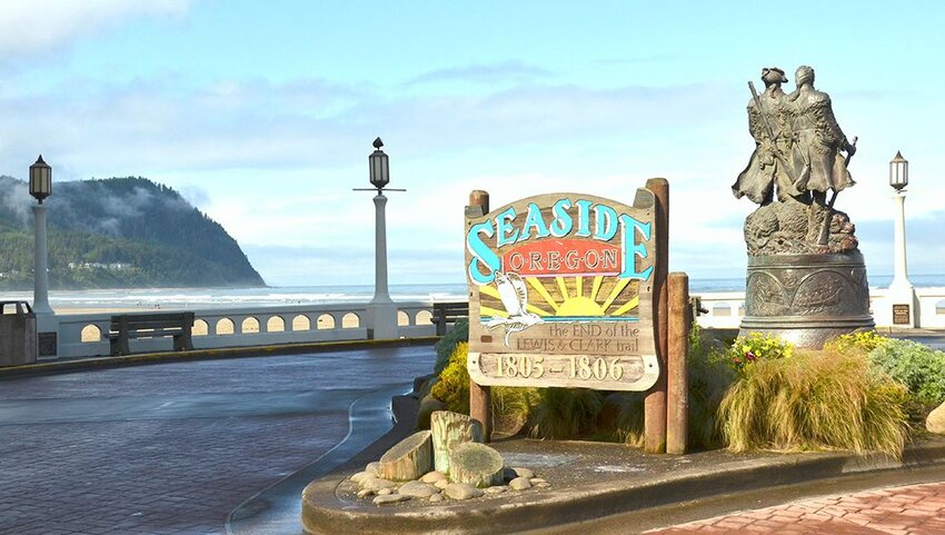 Sign for Seaside, Oregon next to theLewis & Clark End of Trail Monument. 