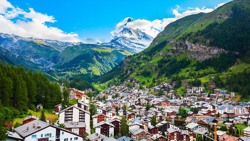 The town of Zermatt with Matterhorn in the distance.  