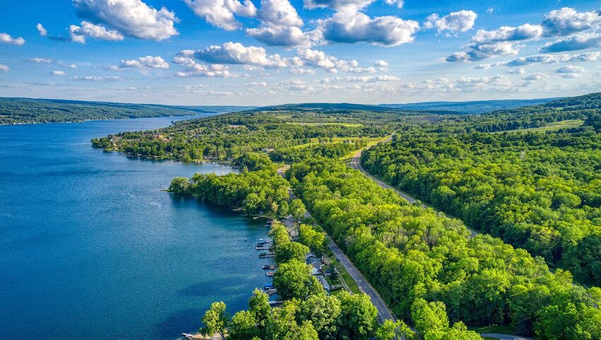 Keuka Lake surrounded by green trees during the summertime.