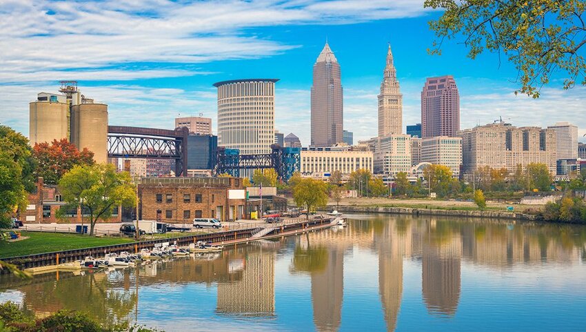 Cleveland, Ohio skyline on the Cuyahoga River.