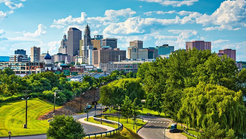 Skyline of Hartford Connecticut on sunny day.