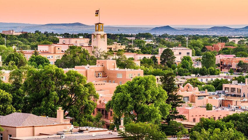 Santa Fe downtown skyline at sunset.