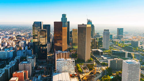 Aerial view of a Downtown Los Angeles at sunset.