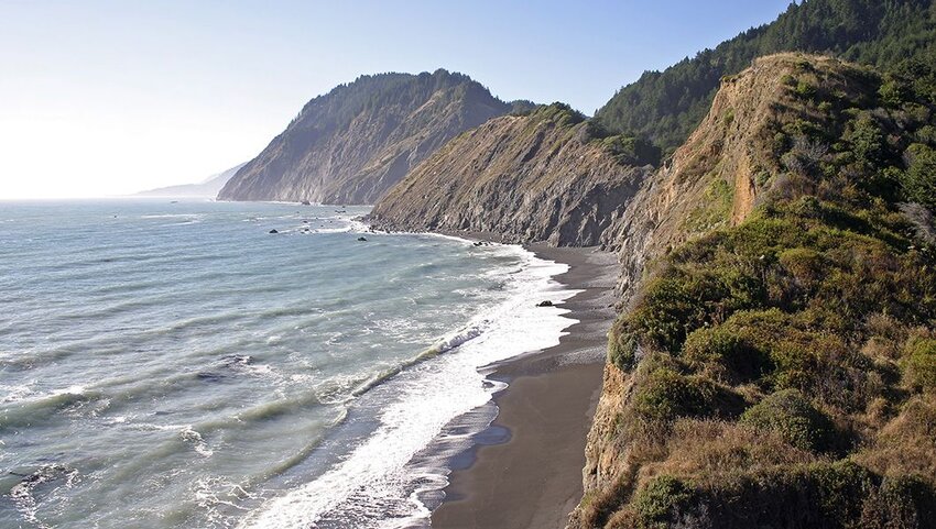 Coastline at rocky hills in portion of Lost Coast Trail.