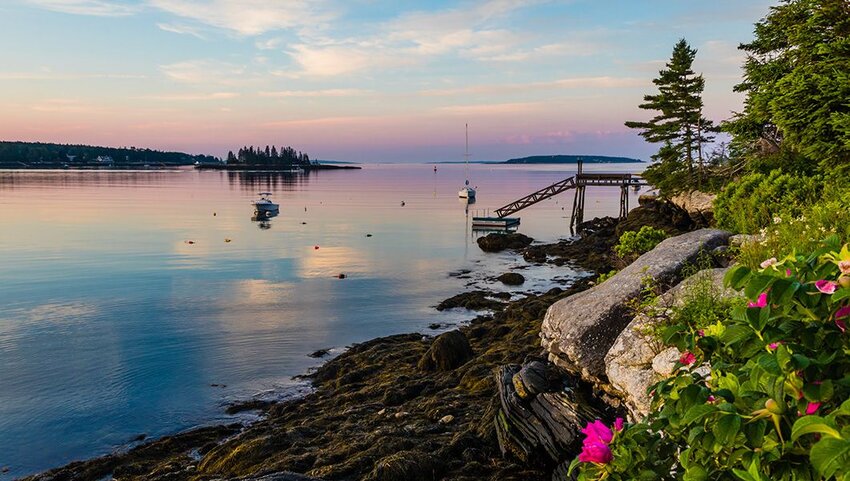 Boothbay Harbor Marina, Maine, at sunrise in summer.