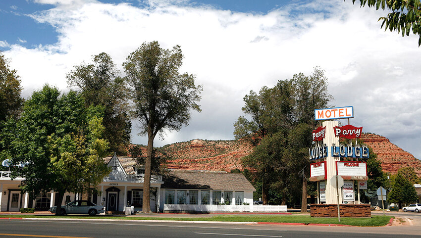 Parry Lodge and sign viewed from the street.