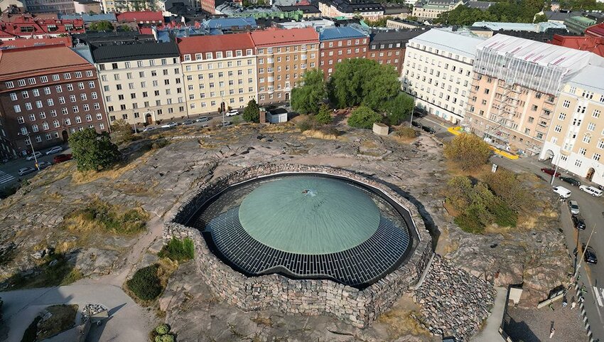 An aerial view of Temppeliaukio Church's dome in Helsinki, Finland