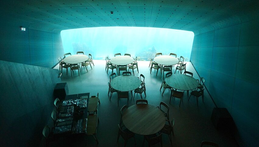 Interior of Under restaurant, with tables and one wall a window showing underwater.