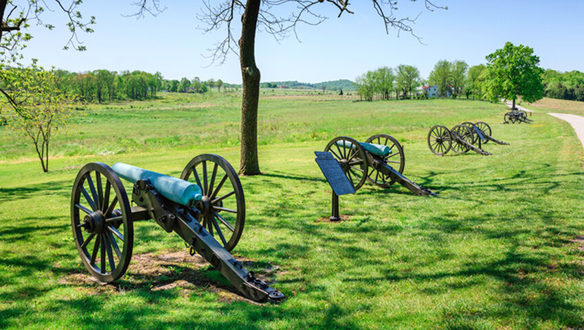 Row of Civil War era cannons at Gettysburg National Military Park.