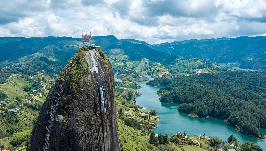 Piedra del Peñol with Embalse El Peñol-Guatapé below. 