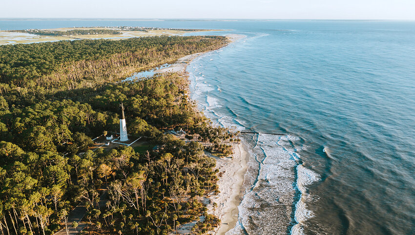 Aerial of lighthouse at Hunting Island State Park.