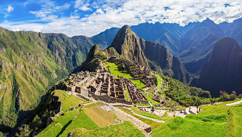 Aerial of Machu Picchu and ruins.