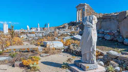 Temple of Isis at ancient ruins at Delos island in Greece.