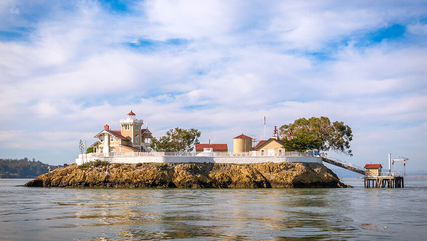 Lighthouse and houses atop East Brother Island.