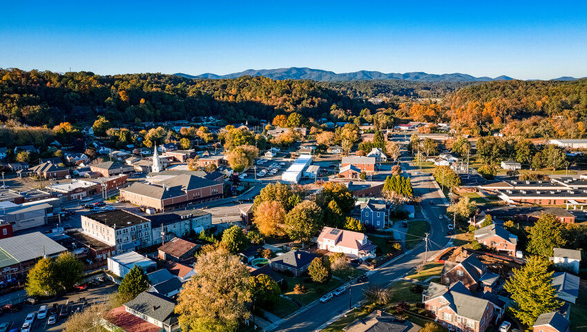 Aerial sunset during the fall in Ellijay Georgia in the Georgia Mountains.