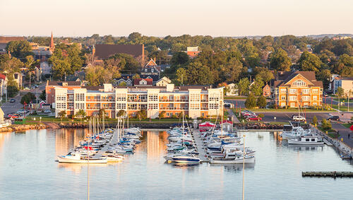 Harbor and houses of Charlottetown, Prince Edward Island at sunset. 