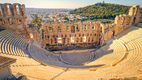 Stone amphitheater overlooking Athens. 