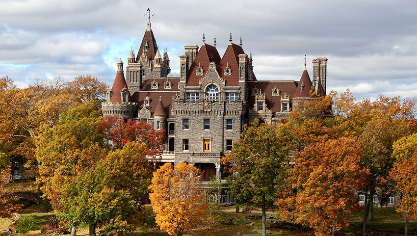 Exterior of Boldt Castle and fall foliage. 