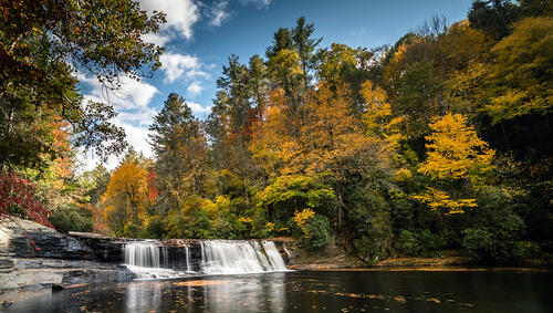 Small waterfall and fall foliage.