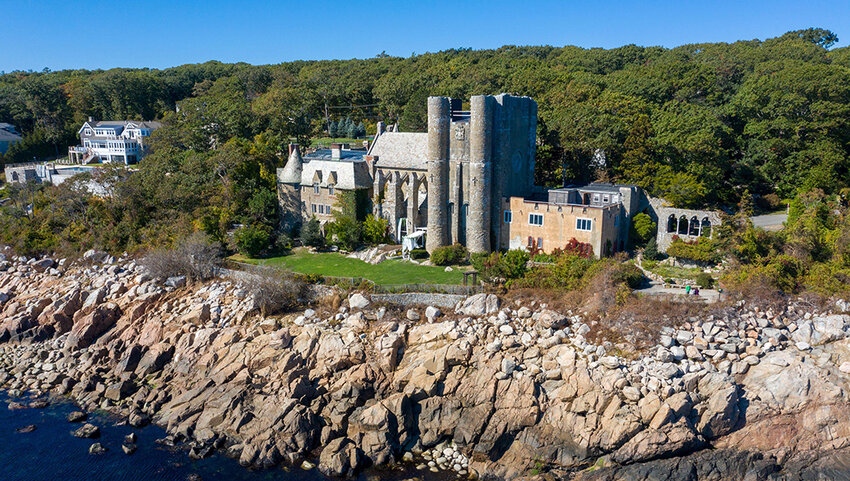 Aerial Hammond Castle on cliff. 