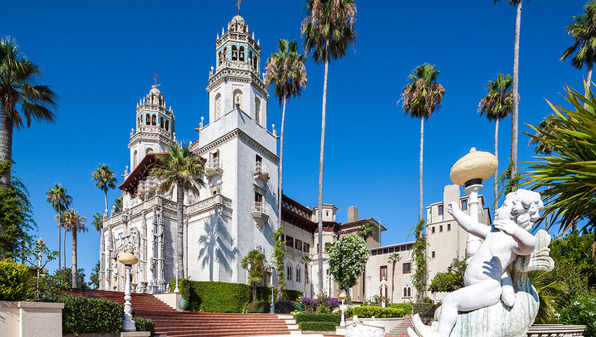 Hearst Castle exterior. Front of the Casa Grande from terrace with sculpture. 
