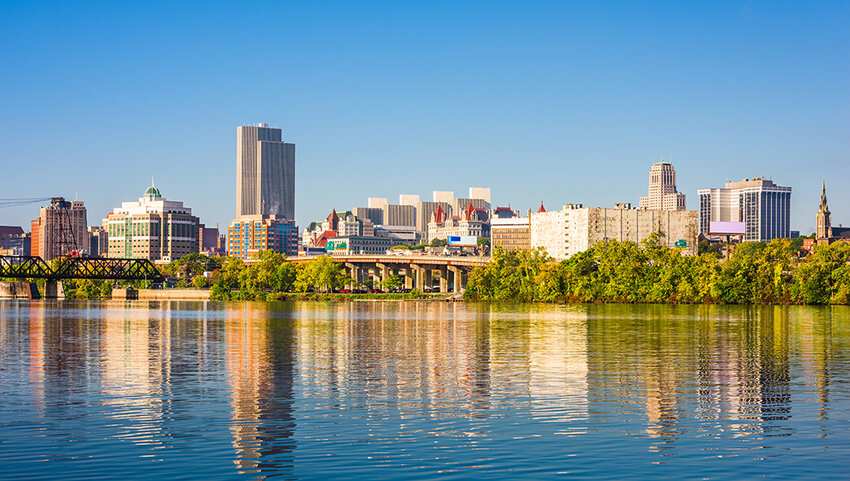 Albany skyline view from across river. 