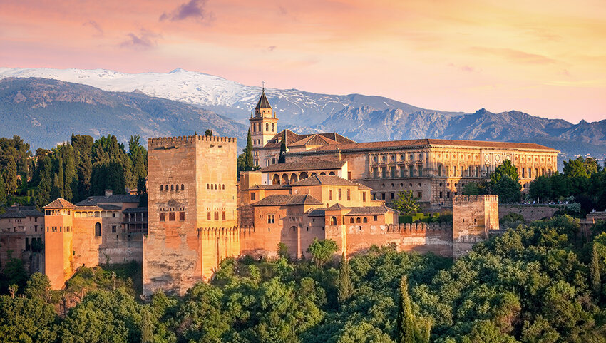 Ancient Arabic fortress Alhambra in the evening, Granada, Spain