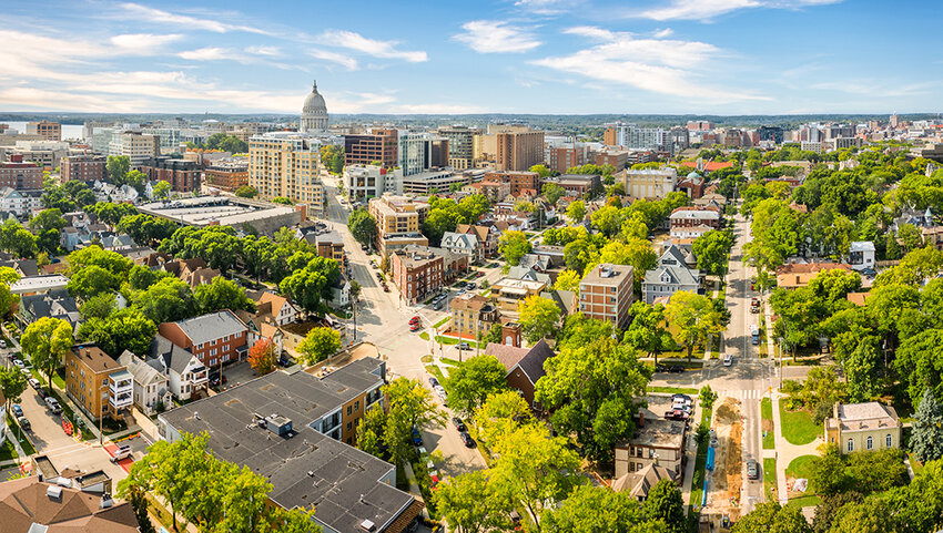 Madison skyline and Wisconsin State Capitol.