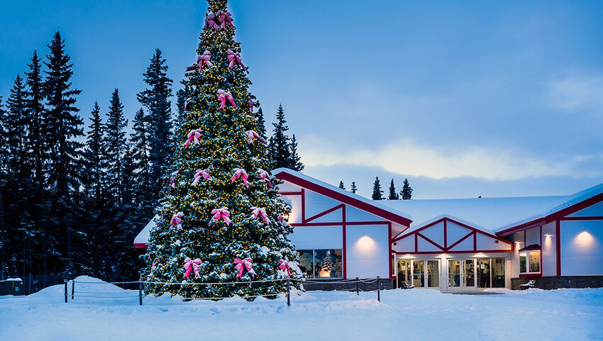 Christmas Tree and Santa Claus House covered in snow at night.