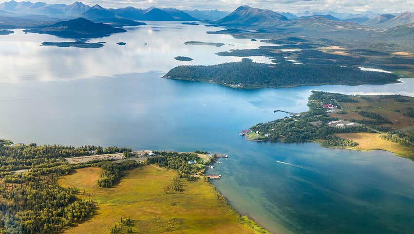 Aerial View Of Lake Aleknagik, The Wood River Mountains In The Background, And The Village Of Aleknagik, Wood Tikchik State Park.