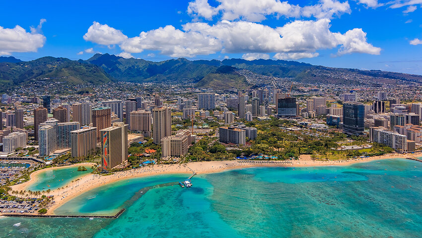 Aerial view of Waikiki Beach in Honolulu Hawaii.
