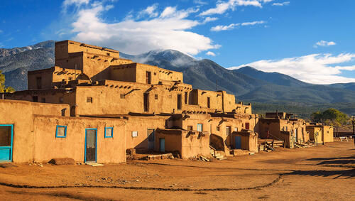 Ancient dwellings of UNESCO World Heritage Site named Taos Pueblo in New Mexico.