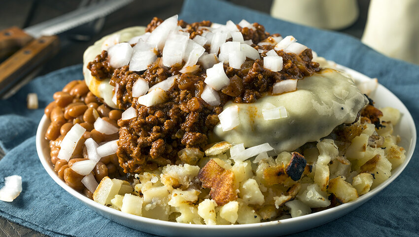 Garbage Plate with potatoes, beans, macaroni salad and cheeseburgers