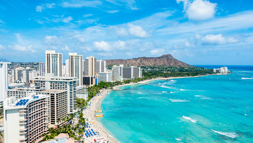 Waikiki Beach and Diamond Head Crater including the hotels and buildings in Waikiki, Honolulu.