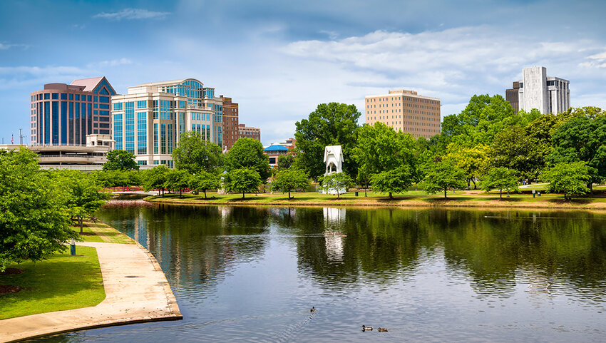 Cityscape of downtown Huntsville, Alabama scene from park.