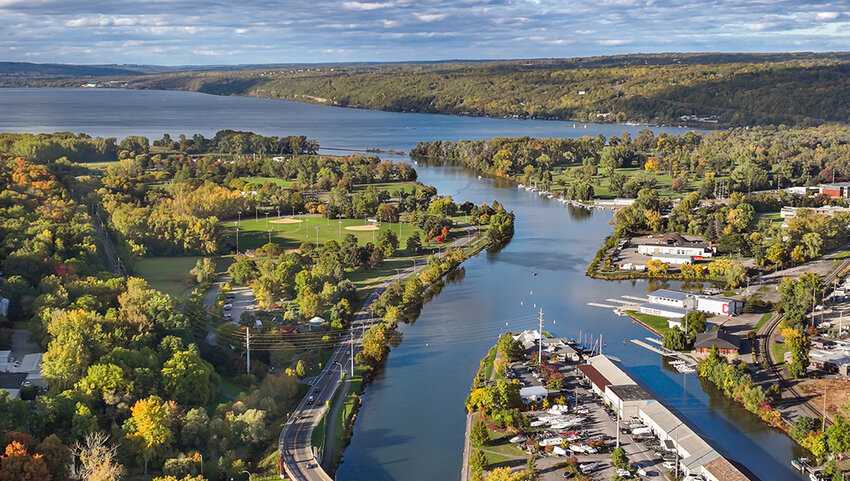 Early afternoon autumn aerial view of Ithaca New York.